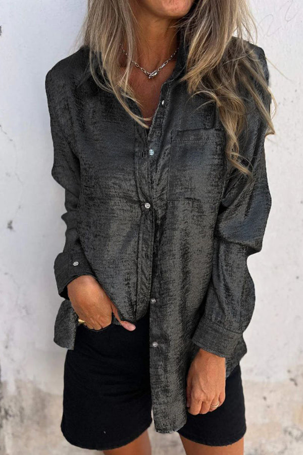 First and Fabulous Metallic Fabric Button Up Long Sleeve Loose Blouse | Consonak