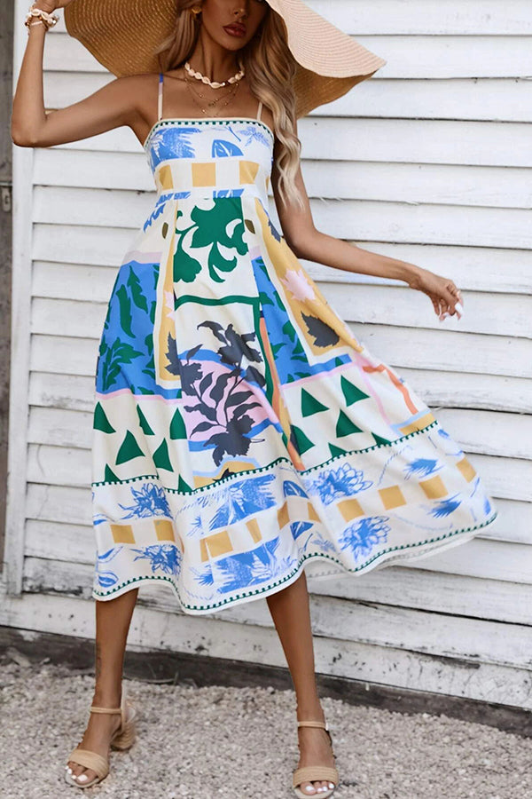 Tea Party Vibes Unique Print Pocketed Smocked Back Midi Dress-consonak