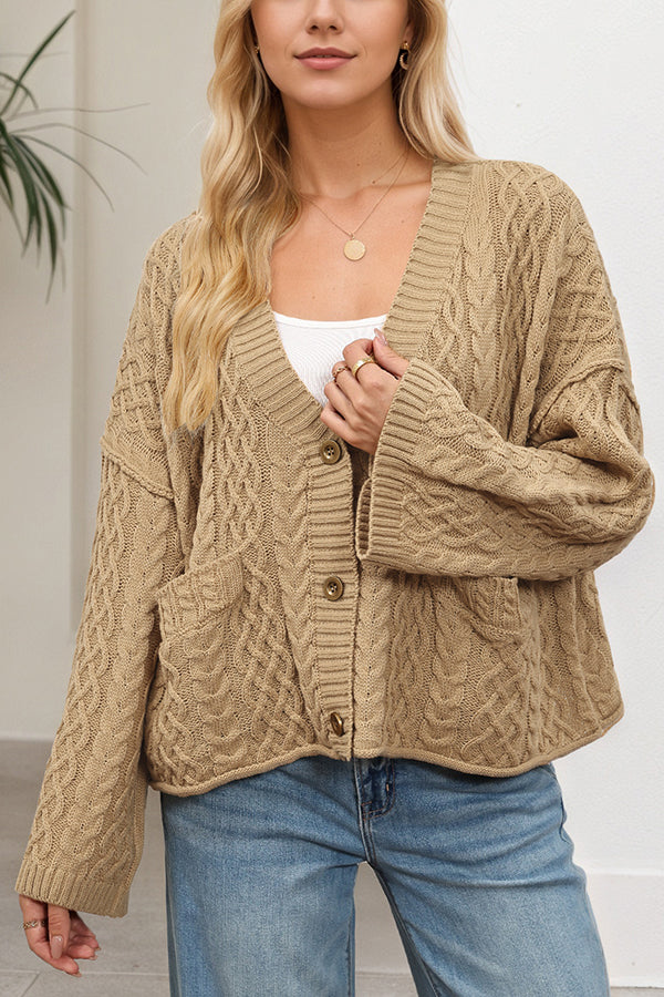 Solid Color Loose V-neck Long-sleeved Casual Pocket Knitted Cardigan-consonak