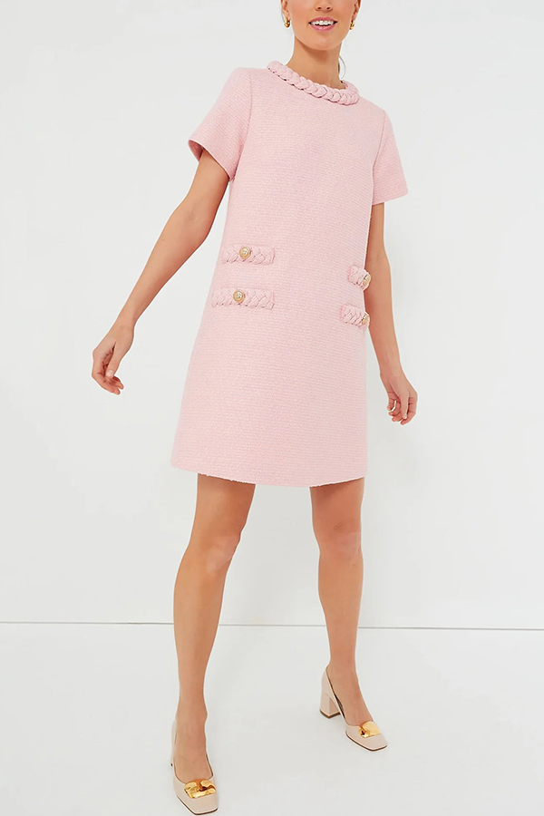 Confident and Chic Tweed Fabric Braided Trim Vintage Button Shift Mini Dress-consonak