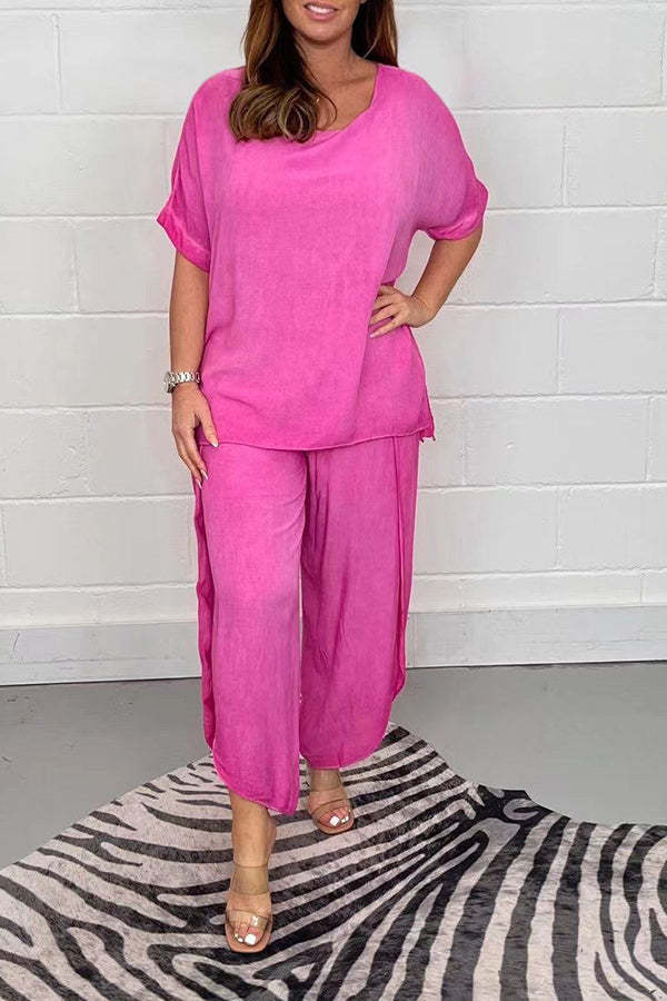 Greyson Flowy Loose Blouse and Elastic Waist Slit Pants Set-consonak