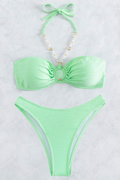 Solid Color Beaded Halter Neck Two-piece Elastic Bikini Swimsuit