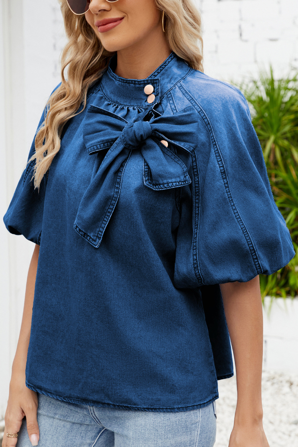 Fashionable Tie-up Bow Loose Lantern Sleeve Denim Top
