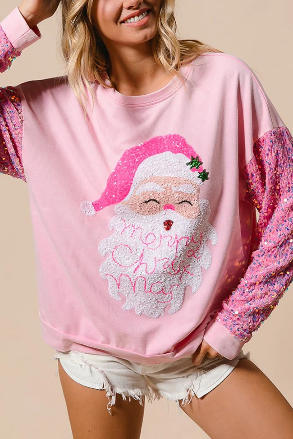 Christmas Casual Loose Round Neck Sequined Sleeve Sweatshirt | Consonak