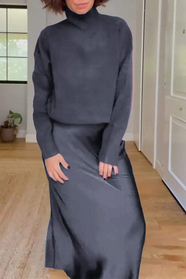 Jaelyn Solid Color Turtleneck Long Sleeve Sweater and Satin Elastic Waist Maxi Skirt Set-consonak
