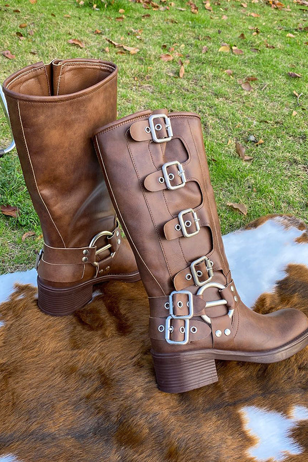 Vintage Belt Buckle Chunky Heeled Long Biker Boots-consonak