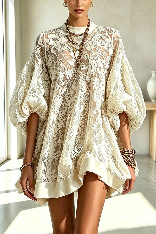 Norah Floral Lace Crew Neck Balloon Sleeve A-line Loose Mini Dress-Consonak