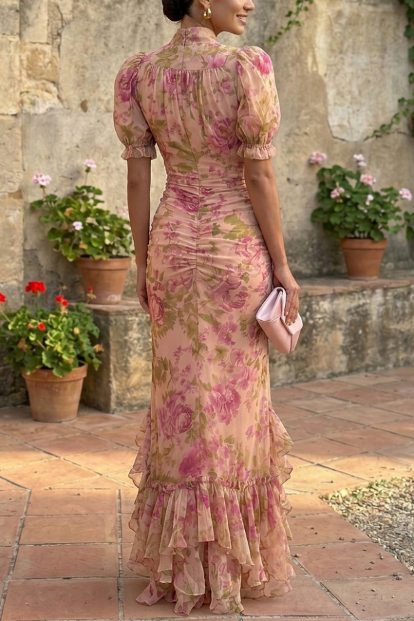 Unique Print Stand Collar Puff Sleeve Slim Fit Ruffle Maxi Dress | Consonak