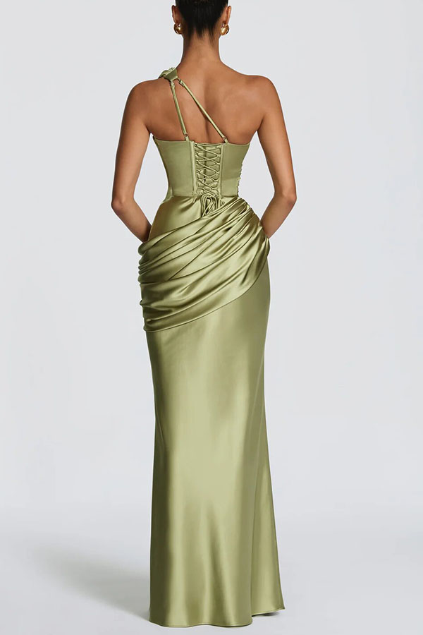 Emina Satin One Shoulder Asymmetrical Neck Cutout Back Lace-up Drape Maxi Dress | Consonak