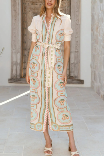 Unique Printed Puff Sleeve Button Lace Up Vacation Maxi Dress-consonak