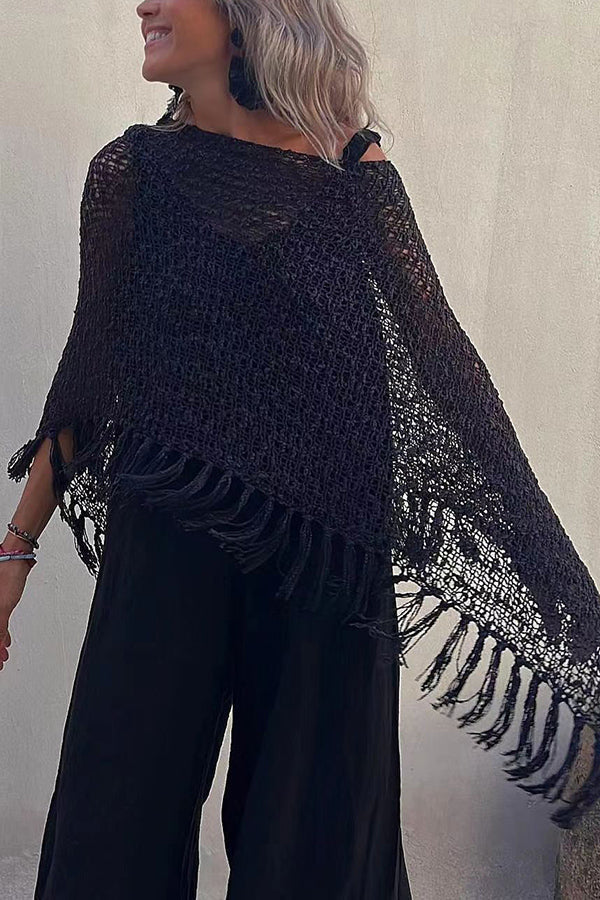 Sunset Breeze Hollow Out Tassel Knit Cover-up Top | Consonak