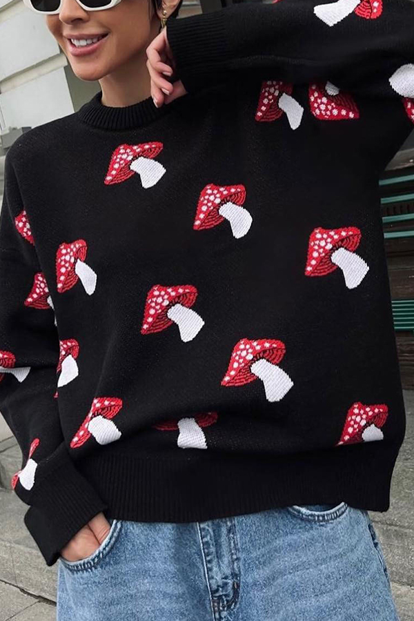 Mushroom Pattern Casual Loose Round Neck Knitted Sweater-consonak