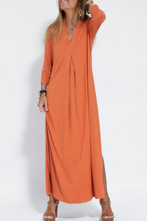 Solid Color V-neck Casual Slit Maxi Dress-consonak