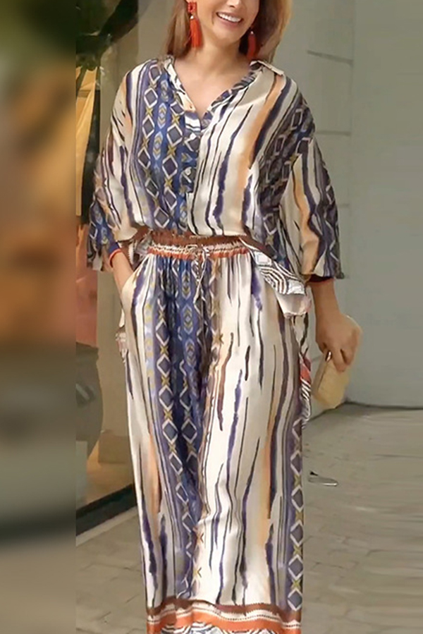 Unique Printed Long-sleeved Shirt Top and Elasticated Waist and Loose Pocket Pants Set-consonak