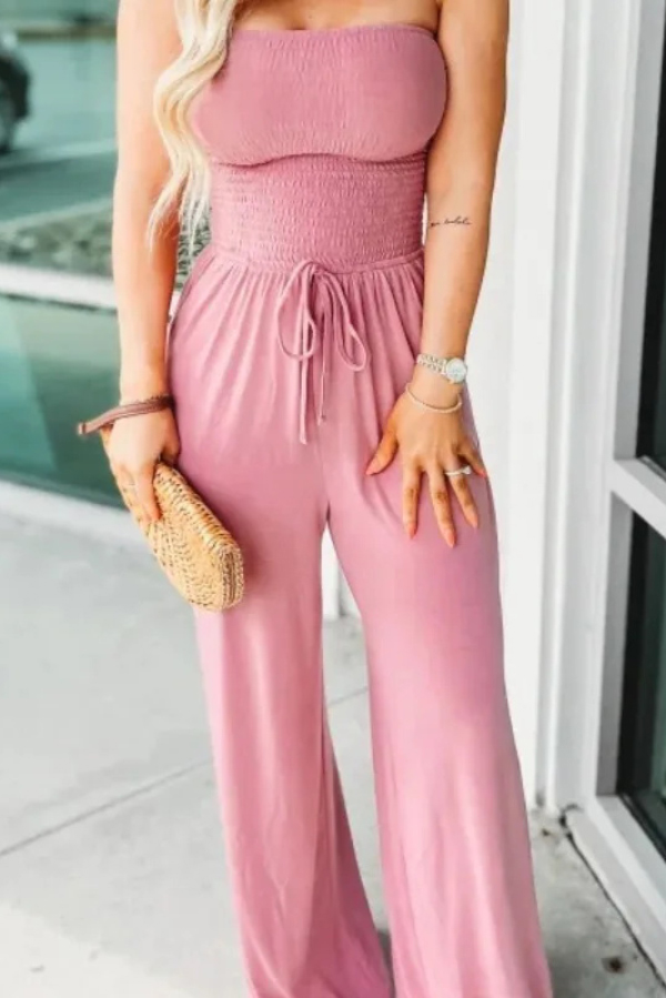 Solid Color Sleeveless Off-shoulder Pleated Loose Pocket Casual Wide-leg Jumpsuit-consonak