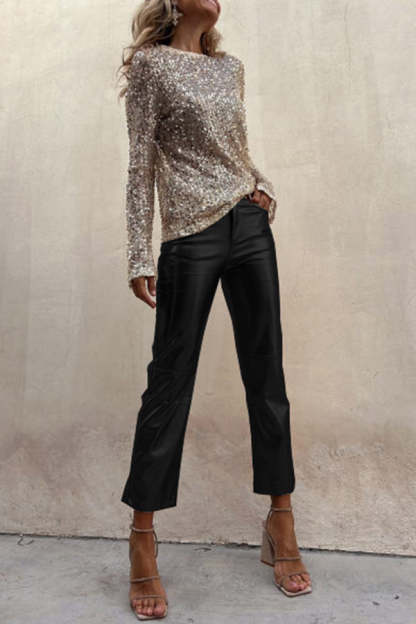Sinclair Metallic Faux Leather High Rise Pocketed Straight Pants-consonak