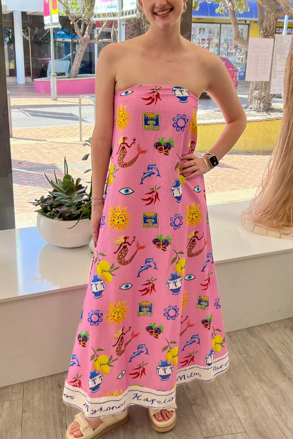 Linen Blend Unique Print Sleeveless Off-shoulder Casual Vacation Maxi Dress-consonak