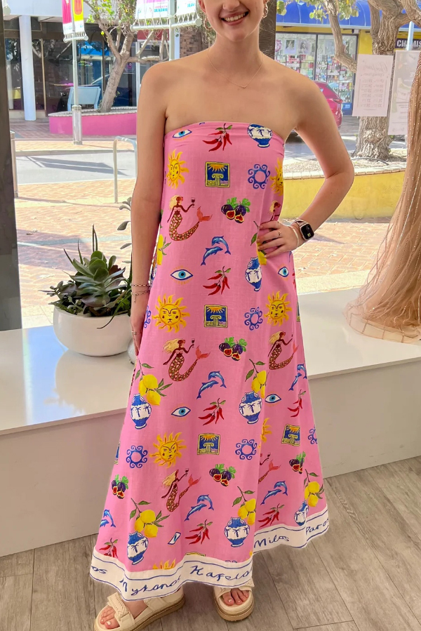 Linen Blend Unique Print Sleeveless Off-shoulder Casual Vacation Maxi Dress