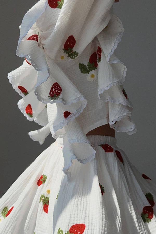 Ranier Cotton Linen Blend Strawberry Print Ruffle Blouse and Elastic Waist Mini Skirt Set-consonak