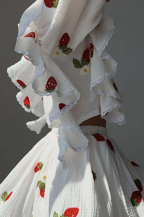 Ranier Cotton Linen Blend Strawberry Print Ruffle Blouse and Elastic Waist Mini Skirt Set-consonak
