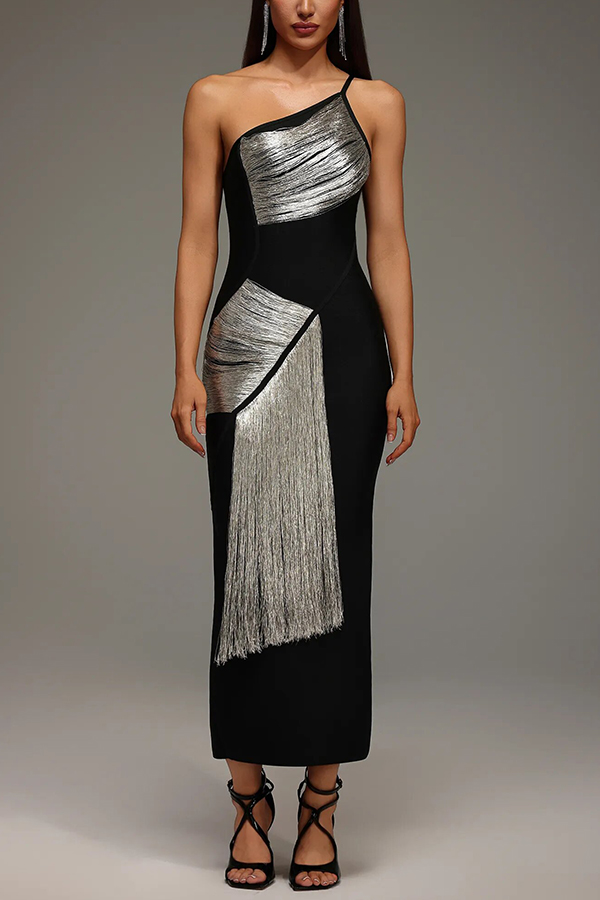 Roanna One Shoulder Sleeveless Glossy Tassels Bandage Maxi Dres