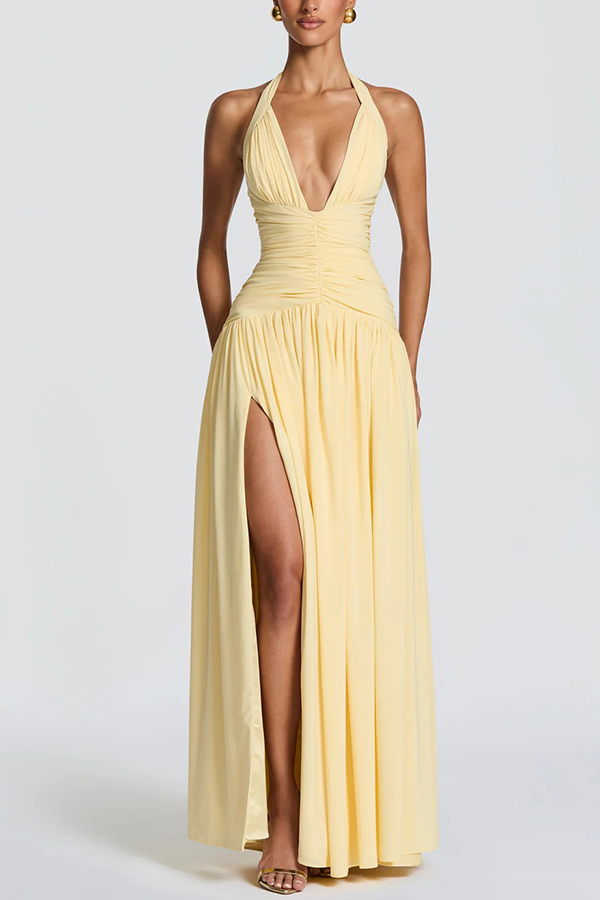 Amaris Halter Tie-up V-neck Ruched Detail Back Lace-up Slit Drape Maxi Dress-consonak