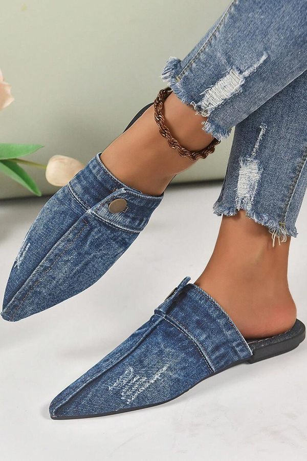 Casual Flat Pointed Toe Denim Slippers-consonak