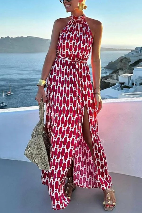 Unique Printed Sleeveless Halterneck Tie-waist Slit Maxi Dress-consonak