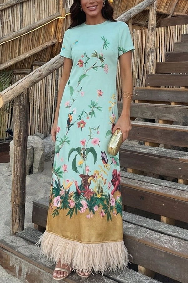 Mezcal Satin Floral Print Contrast Color Printed Short Sleeve Pocket Feather Trim Maxi Dress-Consonak