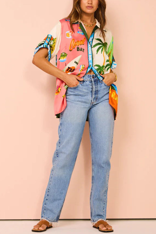 Kissed By The Sun Satin Unique Print Colorblock Button Down Oversized Blouse | Consonak