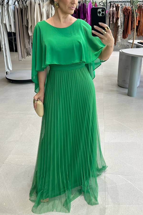 Ready for Holiday Cape Sleeve Tie-up Pleated Maxi Dress-consonak
