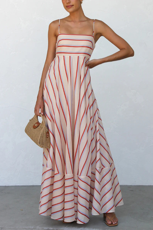 Striped Printed Square Neck Sleeveless Ruched Casual Maxi Dress