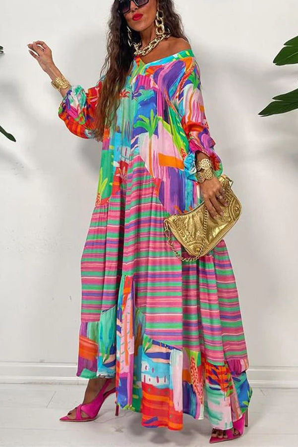 Bloom with A View Colorful Geometric Swing Maxi Dress-consonak
