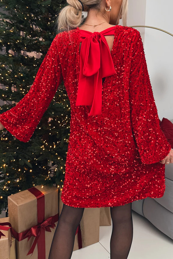 Velvet Sequin Back Bow Bell Sleeves Loose Mini Dress | Consonak