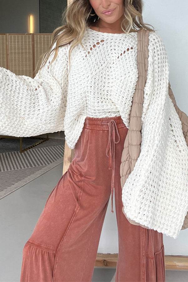 Solid Color Hollow Loose Round Neck Bat Sleeve Knitted Sweater-consonak