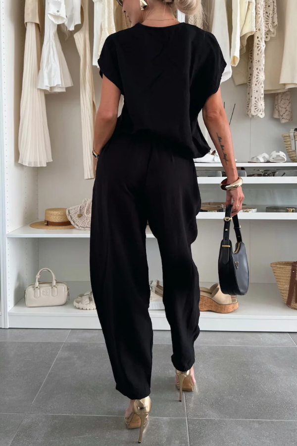 Linen Blend Solid Color V-neck Short-sleeved Top and Elastic Waist Pocket Bloomers Pants Set