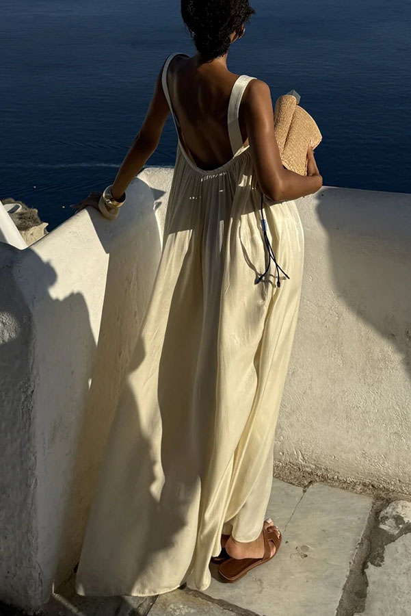 Pearlescent Luster Satin Wide Strap Open Back Loose Maxi Dress-consonak