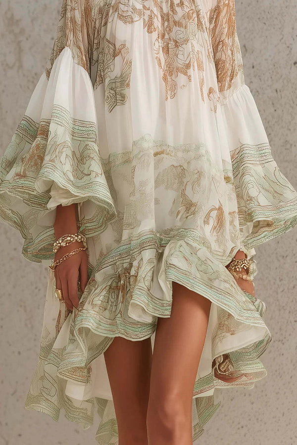 Mini Dress with Flared Sleeves and Printed Ruffles-Consonak