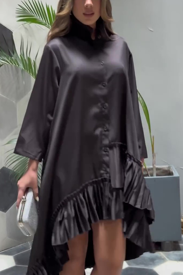 Solid Color Palace Style Loose Irregular Pleated Hem Mini Dress-consonak