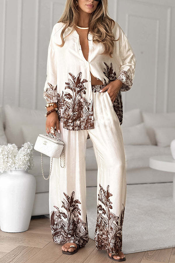 Botanical Print Loose Long-sleeved Shirt and Elastic Waist Pocket Casual Wide-leg Pants-consonak