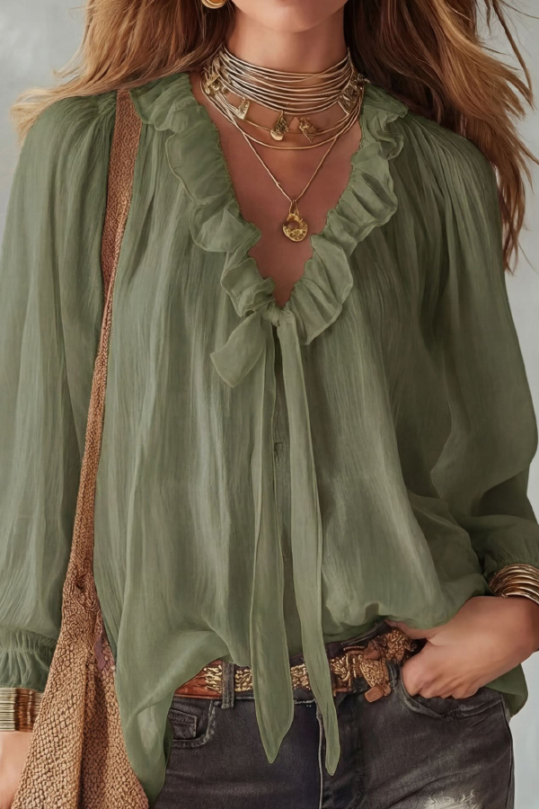 Stylish Long-sleeved V-neck Tie Loose Shirt Top | Consonak