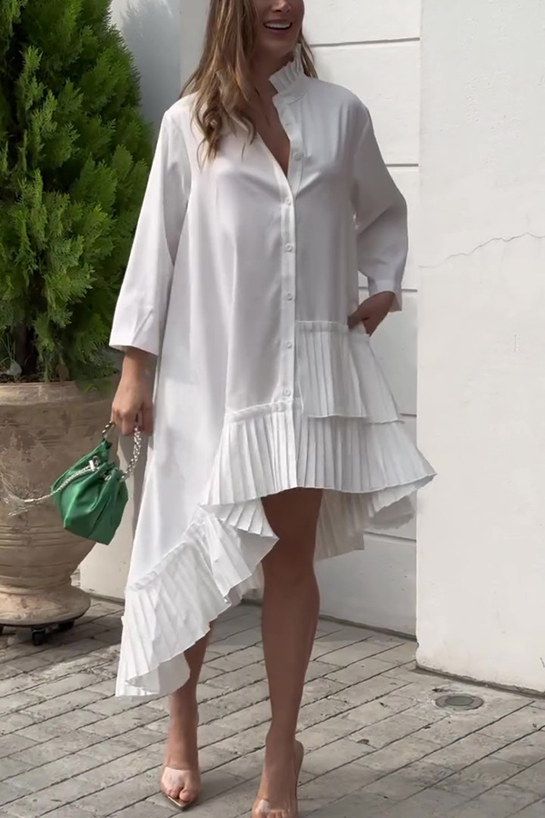 Solid Color Palace Style Loose Irregular Pleated Hem Mini Dress-consonak