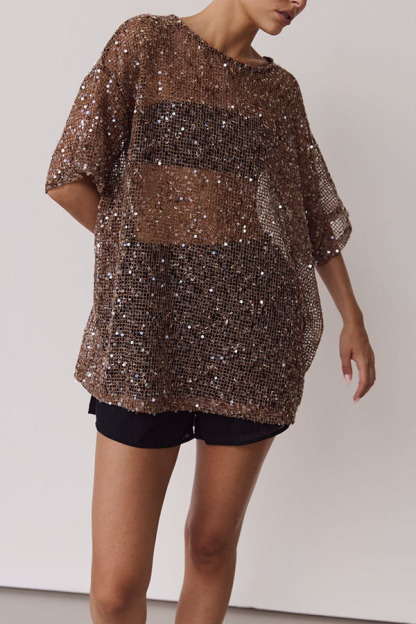 Edela Sheer Sequin Knit Fabric Short Sleeve Oversized Cover-up Tee