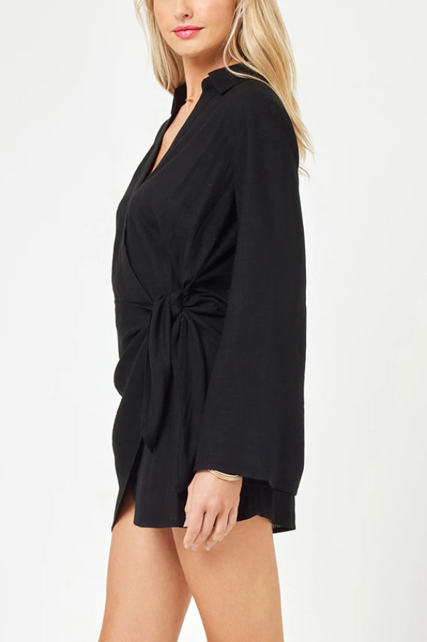 Solid Color Casual Long-sleeved V-neck Tie Waist Mini Dress-consonak