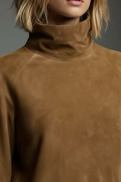 Stylish Suede High-Neck Long-Sleeved Casual Pocket Mini Dress-consonak