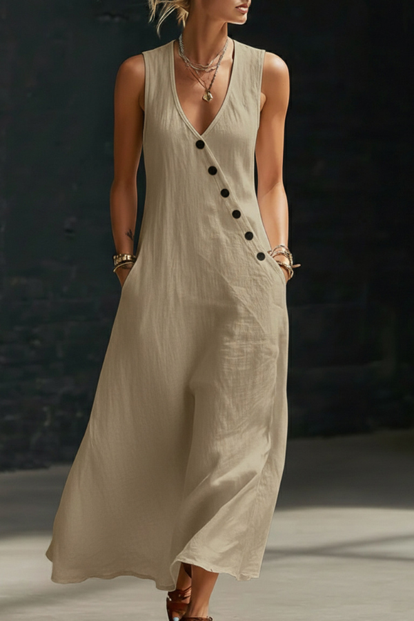 Linen Blend Solid Color V-neck Sleeveless Button-down Casual Pocket Midi Dress | Consonak