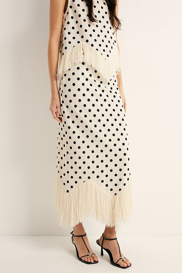 Verrah Linen Blend Polka Dot Print Tassel Trim Elastic Waist Maxi Skirt