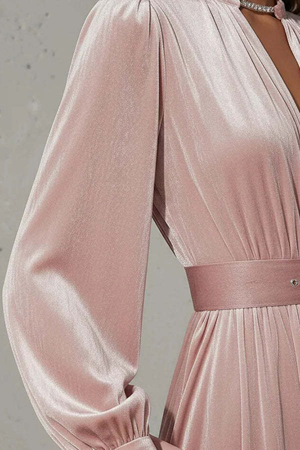 Solid Color Velvet V-neck Long-sleeved Belted Elegant Maxi Dress-consonak