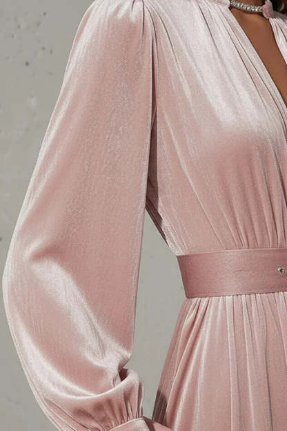 Solid Color Velvet V-neck Long-sleeved Belted Elegant Maxi Dress-consonak