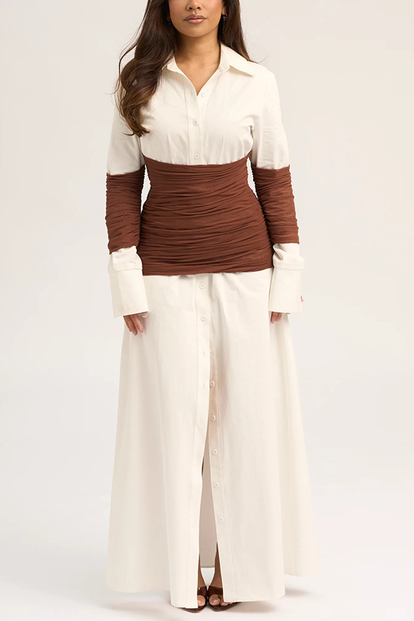 Fashionable Pleated Contrast Patchwork Waist Long Sleeve Button Shirt Maxi Dress-consonak
